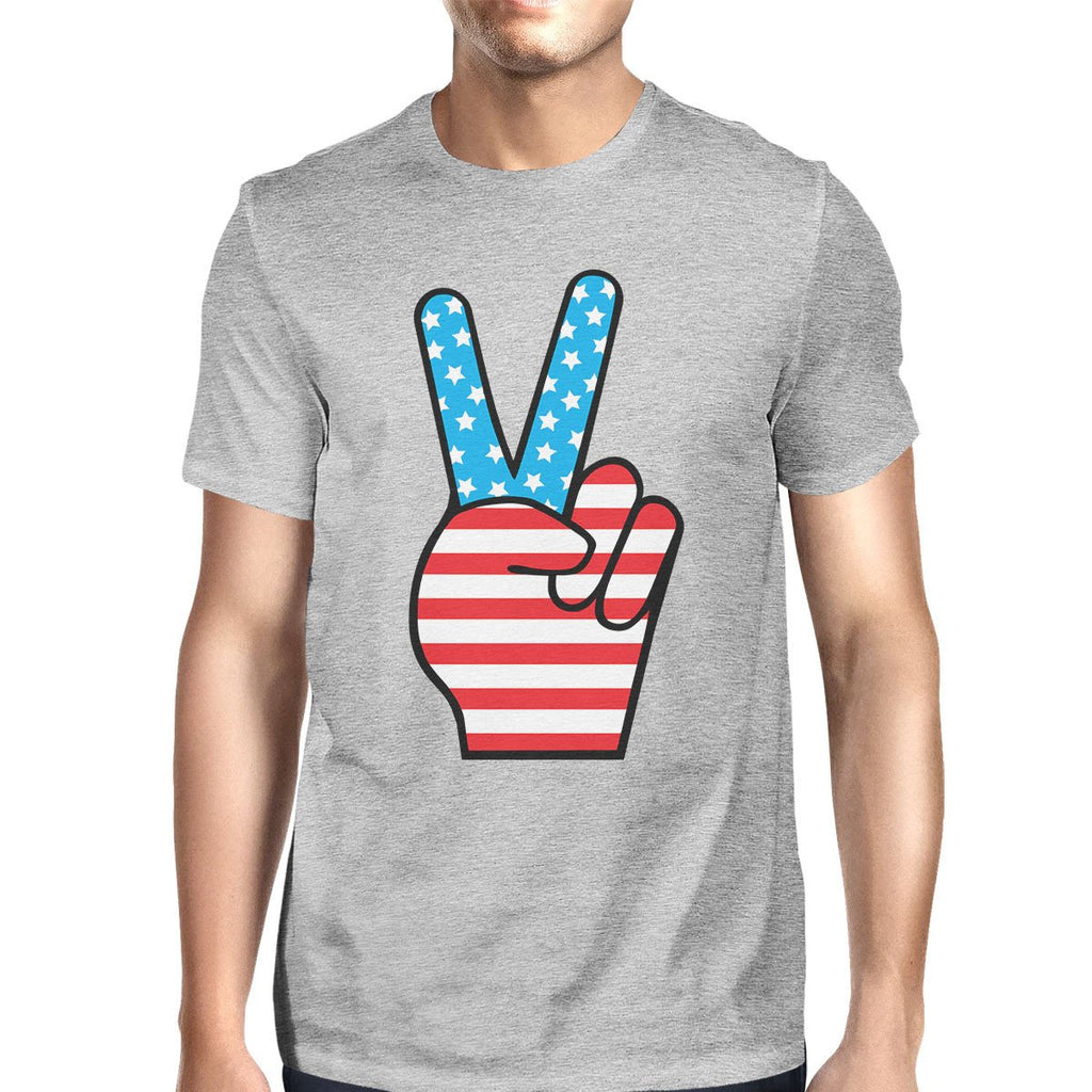 Peace Sign American Flag Mens Grey Round Neck Tee For 4th Of July