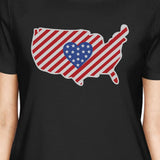 USA Map American Flag Heart Shape Womens Black Graphic Cotton Tee
