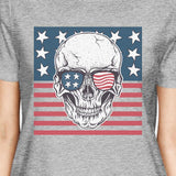 Skull American Flag Shirt Womens Grey Round Neck Tee US Army Gift