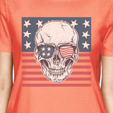 Skull American Flag Tee Womens Peach Round Neck US Army Gifts