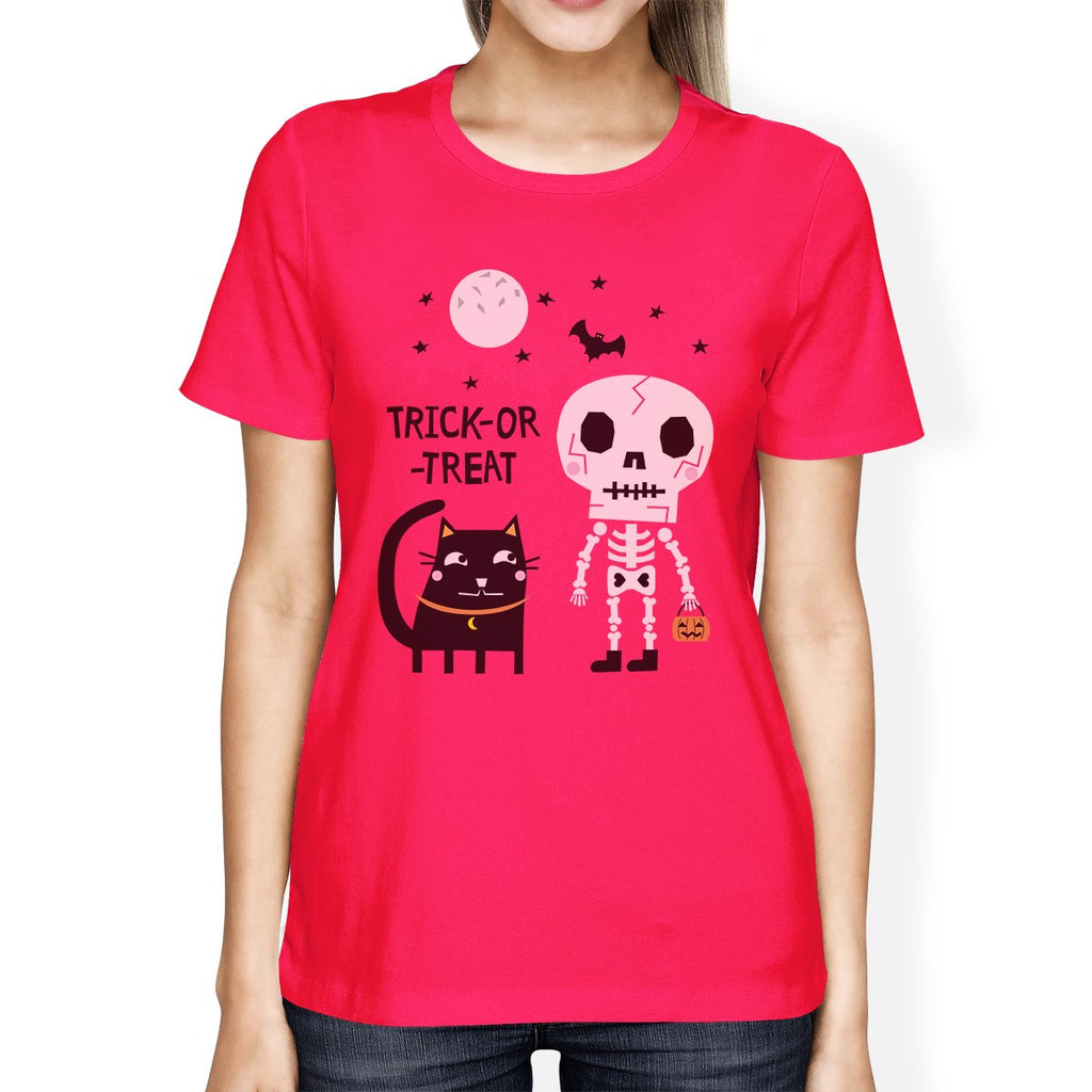 Trick-Or-Treat Skeleton Black Cat Womens Hot Pink Shirt