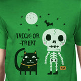 Trick-Or-Treat Skeleton Black Cat Mens Green Shirt