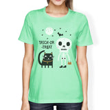 Trick-Or-Treat Skeleton Black Cat Womens Mint Shirt