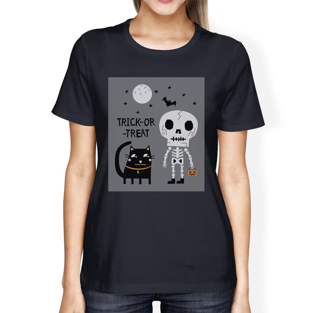 Trick-Or-Treat Skeleton Black Cat Womens Navy Shirt