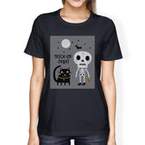 Trick-Or-Treat Skeleton Black Cat Womens Navy Shirt