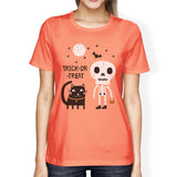 Trick-Or-Treat Skeleton Black Cat Womens Peach Shirt