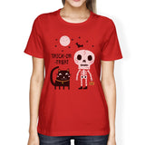 Trick-Or-Treat Skeleton Black Cat Womens Red Shirt