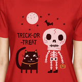 Trick-Or-Treat Skeleton Black Cat Womens Red Shirt