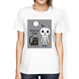 Trick-Or-Treat Skeleton Black Cat Womens White Shirt