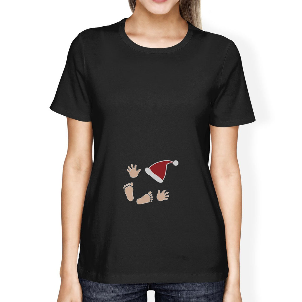 Baby Santa Foot And Handprints Womens Black Shirt