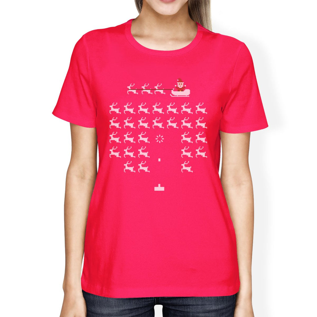 Pixel Game Santa And Rudolph Womens Hot Pink Shirt