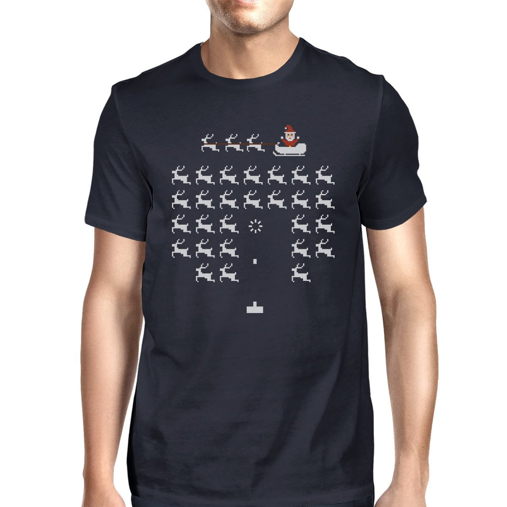 Pixel Game Santa And Rudolph Mens Navy Shirt