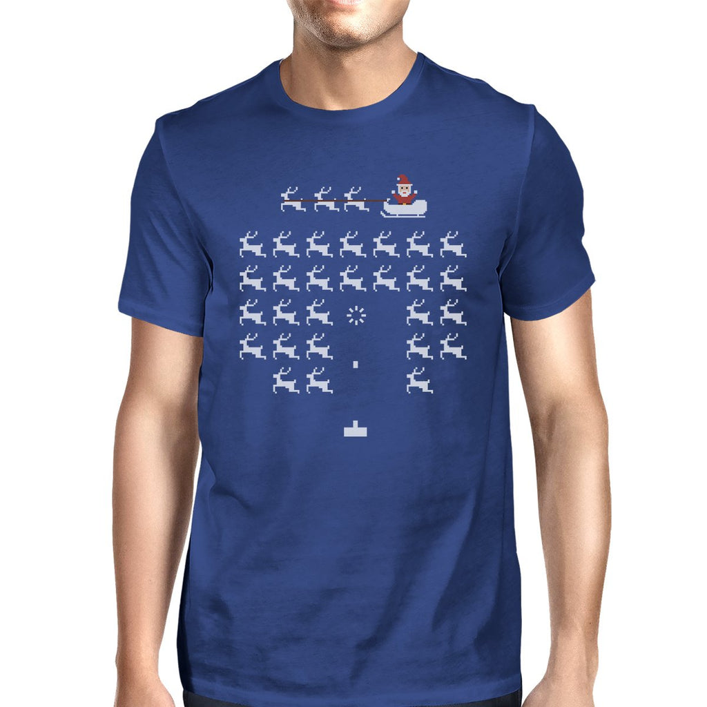 Pixel Game Santa And Rudolph Mens Royal Blue Shirt