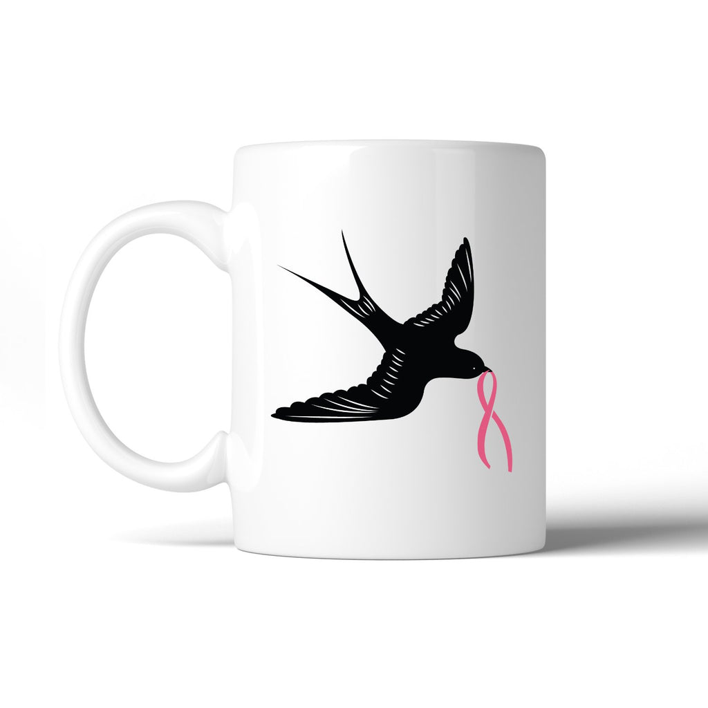 Pink Ribbon And Swallows Birds White Mug