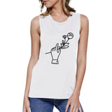 Hand Holding Flower White Muscle Tee Trendy Design Crewneck Style