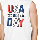 USA All Day Men White Cotton Muscle Top Cute 4th Of July Design Top