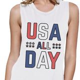 USA All Day Women White Cotton Muscle Top Cute 4th Of July Design