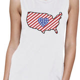 USA Map Cute American Flag With Heart Womens White Muscle Tanks
