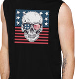 Skull American Flag Mens Black Muscle Tee Crew Neck Line Cotton