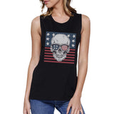 Skull American Flag Womens Black Muscle Tee Crew Neck Line Cotton
