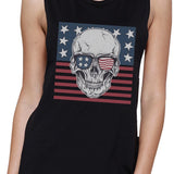Skull American Flag Womens Black Muscle Tee Crew Neck Line Cotton