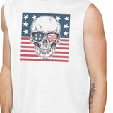 Skull American Flag Mens White Muscle Tee Crew Neck Line Cotton