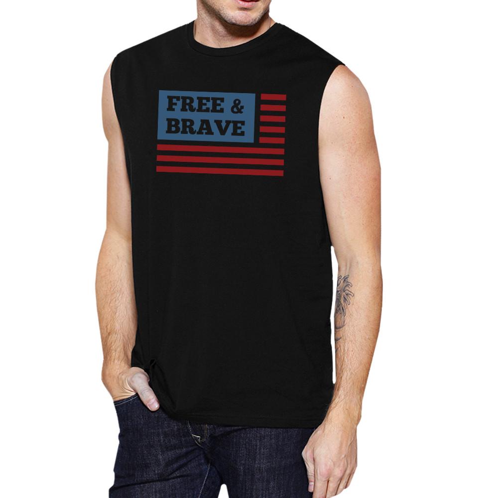 Free & Brave Us Flag Mens Black Funny Muscle Tank Top Crewneck Line