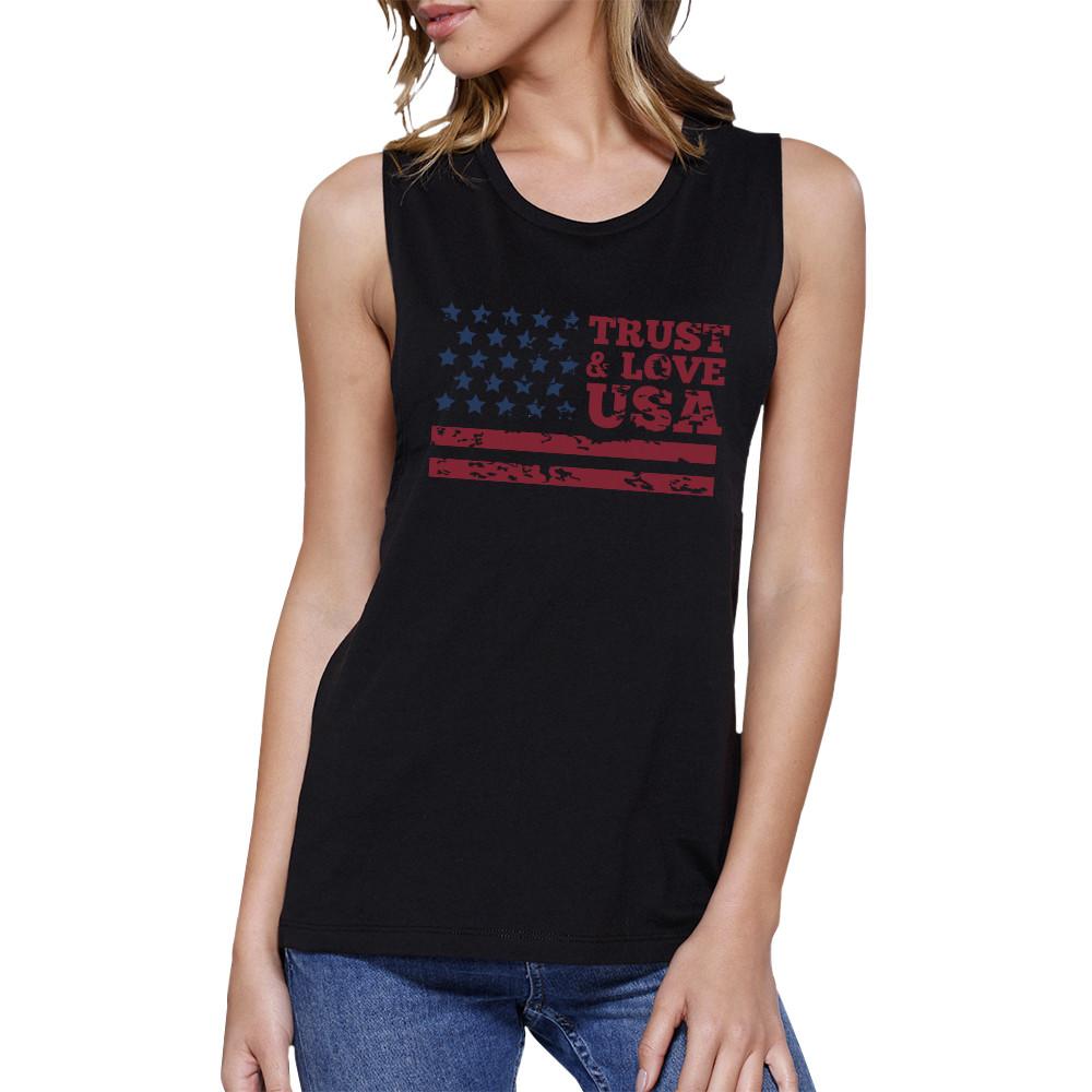 Trust & Love USA Womens Black Muscle Tanks Round Neck Line Cotton