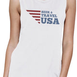 Seek & Travel USA Womens White Sleeveless Tee Round Neck Cotton