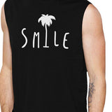 Smile Palm Tree Mens Black Cool Summer Muscle Tank Round Neck Line