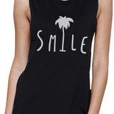Smile Palm Tree Womens Black Muscle Tee Round Neck Line Tank Top