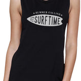 Summer Calling It's Surf Time Womens Black Muscle Top
