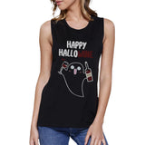 Happy Hallowine Ghost Wine Womens Black Muscle Top