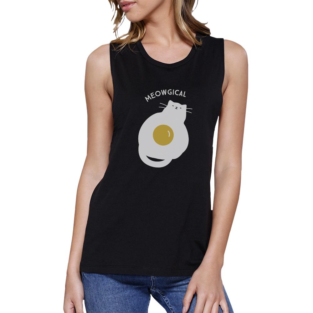 Meowgical Cat And Fried Egg Womens Black Muscle Top
