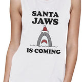 Santa Jaws Is Coming Womens White Muscle Top
