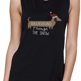 Dachshund Through The Snow Womens Black Muscle Top