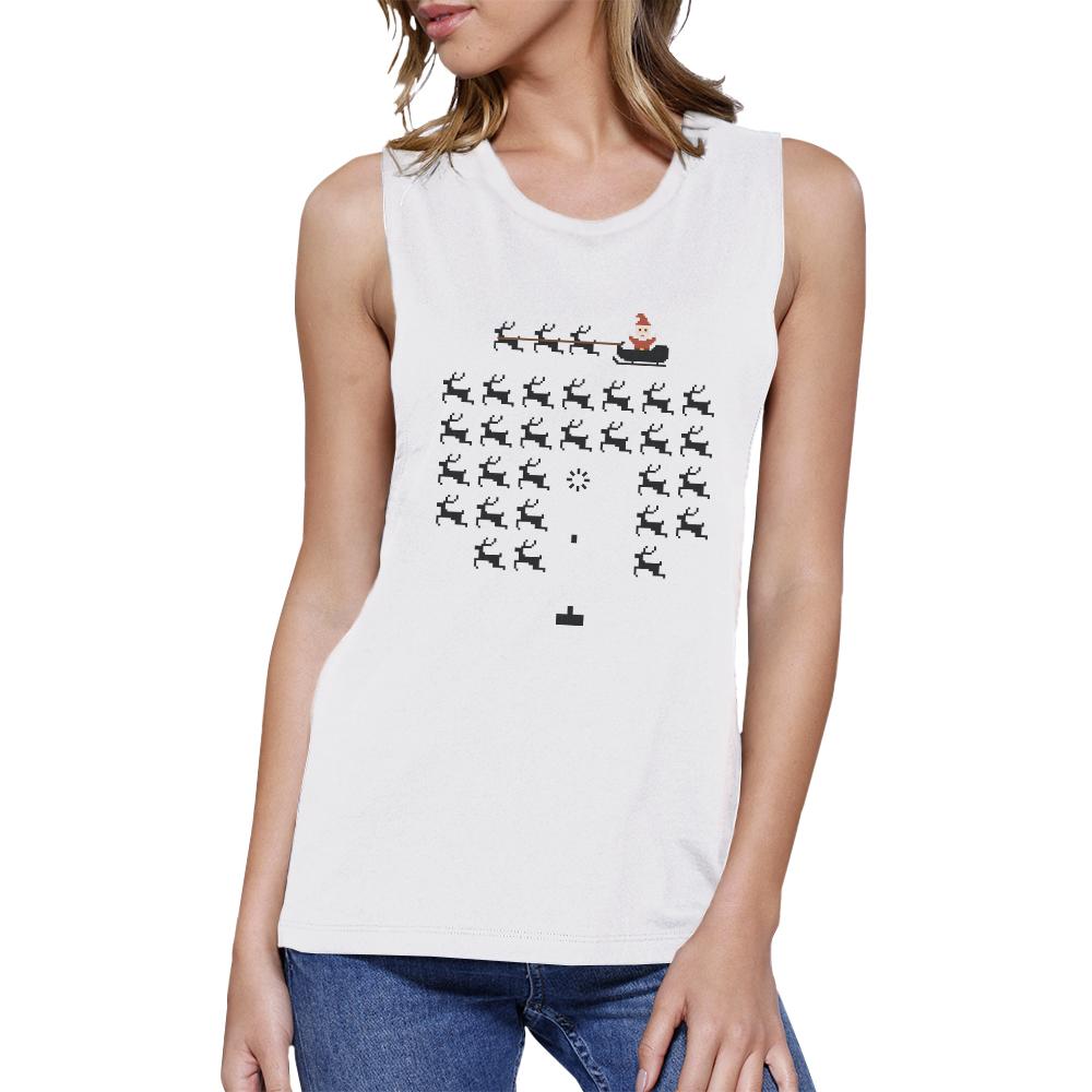Pixel Game Santa And Rudolph Womens White Muscle Top