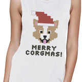 Merry Corgmas Corgi Womens White Muscle Top