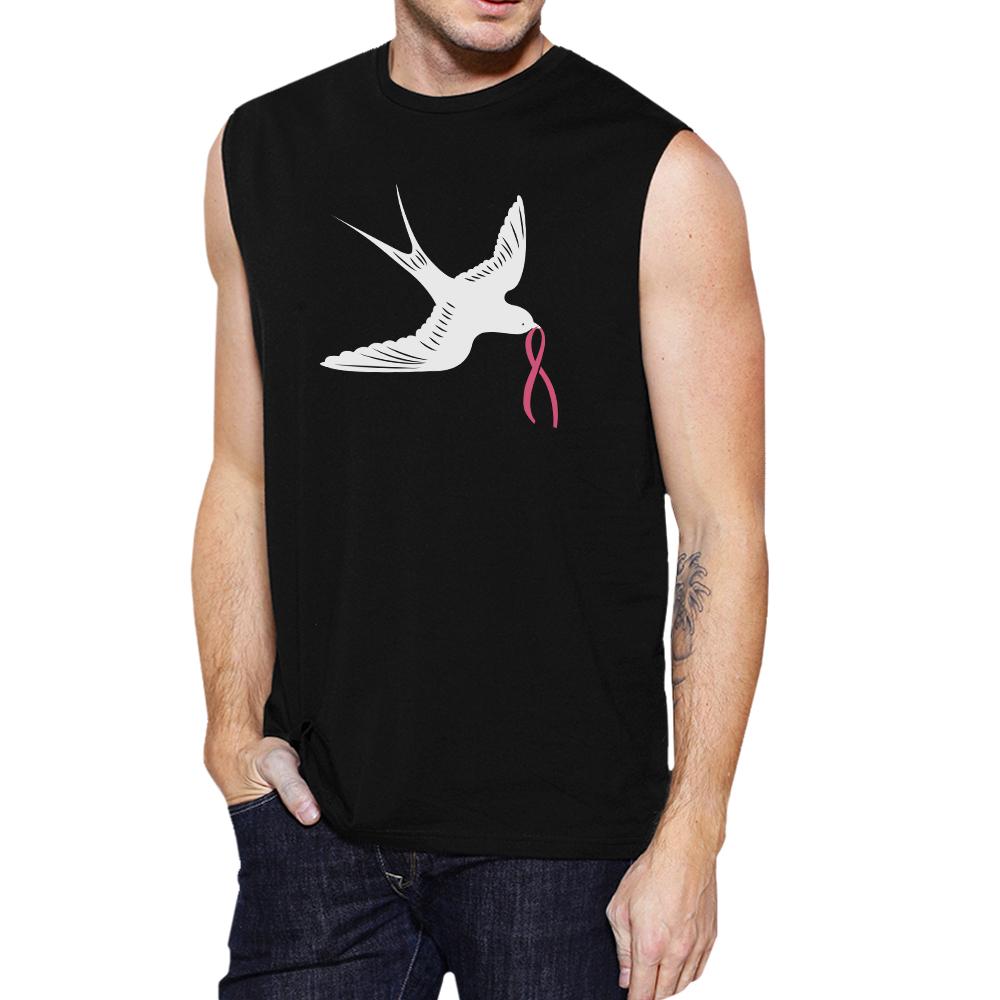 Pink Ribbon And Swallows Birds Mens Black Muscle Top