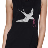 Pink Ribbon And Swallows Birds Womens Black Muscle Top