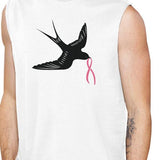 Pink Ribbon And Swallows Birds Mens White Muscle Top
