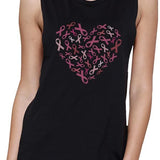 Pink Ribbon Heart Womens Black Muscle Top