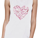 Pink Ribbon Heart Womens White Muscle Top