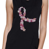 Pink Floral Ribbon Womens Black Muscle Top