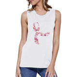 Pink Floral Ribbon Womens White Muscle Top