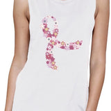 Pink Floral Ribbon Womens White Muscle Top