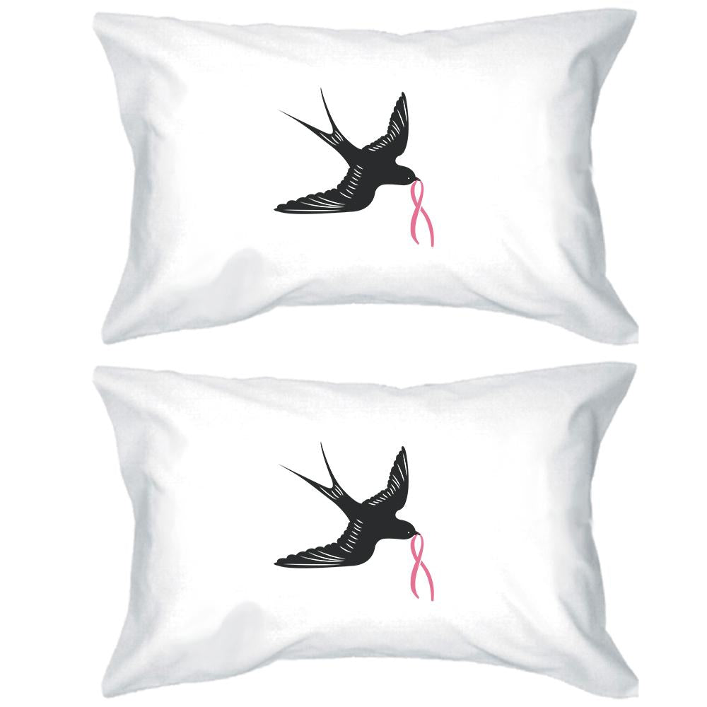 Pink Ribbon And Swallows Birds White Pillowcases