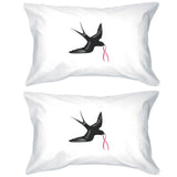 Pink Ribbon And Swallows Birds White Pillowcases