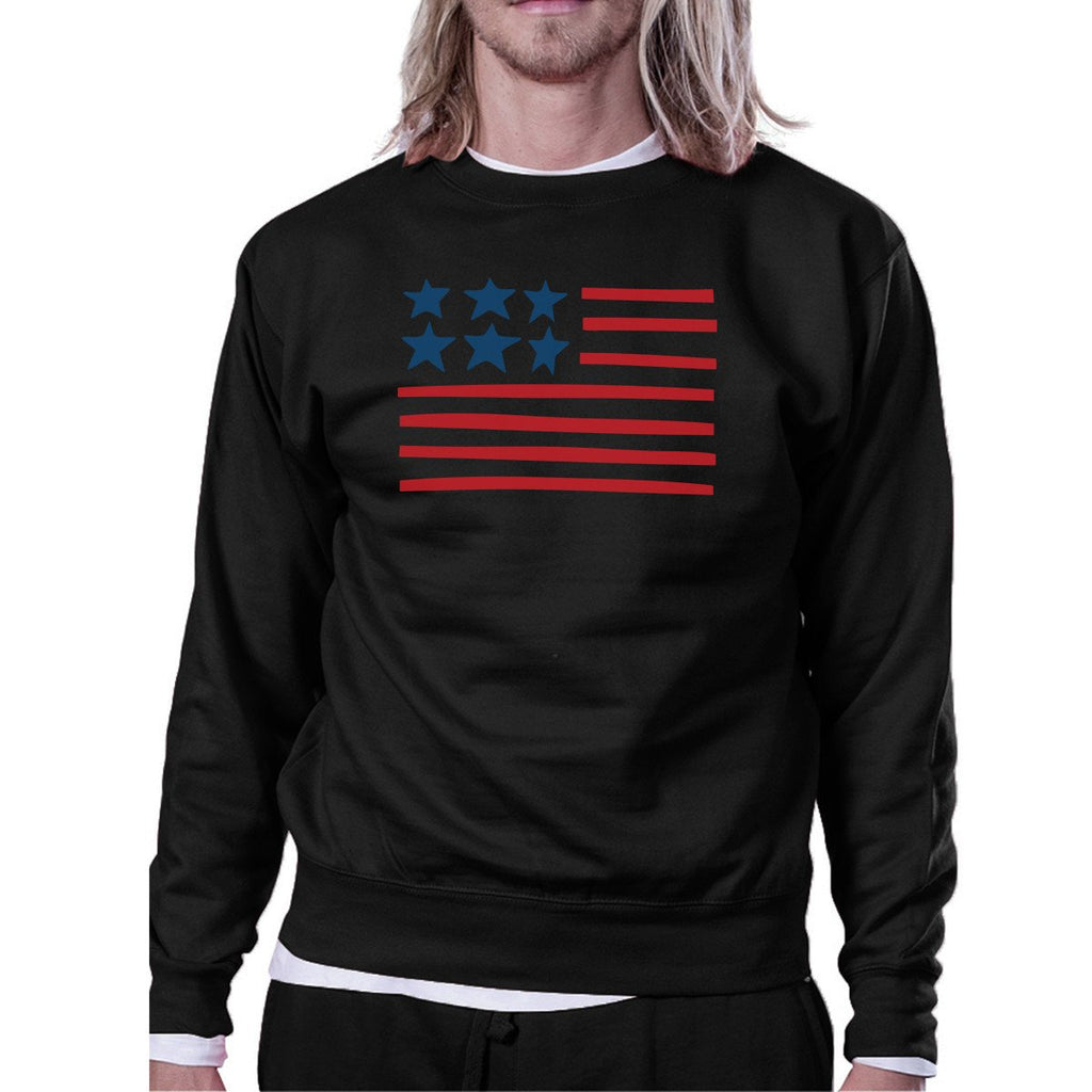 Unique USA Flag Sweatshirt Unisex Black Round Neck Pullover Fleece