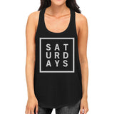 Saturdays Womens Sleeveless Black Tank Top Typography Trendy Tops